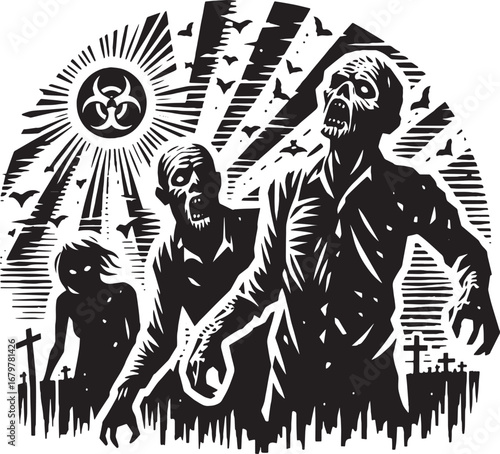 Spooky zombie horde illustration in monochrome with biohazard symbol and graveyard scene for