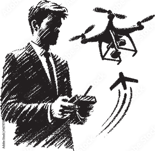 A businessman controlling a drone with a remote control in a modern technological depiction