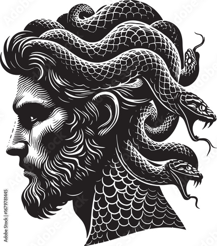 Intricate Black and White Illustration of a Man with Snakes in Place of Hair and a Beard