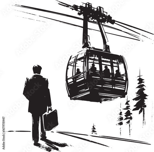Abstract Brush Stroke Illustration of Man and Cable Car in Japan
