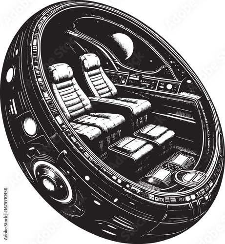 Illustration of a futuristic spaceship interior with seats and a view of space and the moon