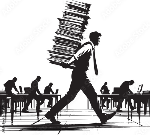 Sumi-e illustration of overwhelmed businessman carrying paper st