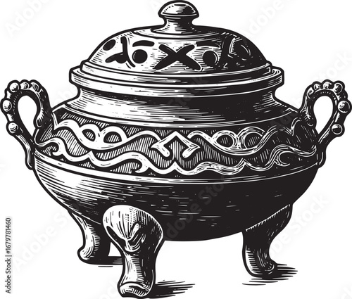 Elegant Incense Burner Woodcut Illustration on White Background