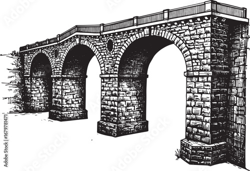 Vintage Stone Arch Bridge Hand-Drawn Illustration in Black and W