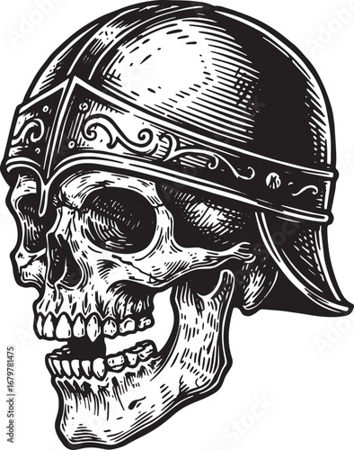 Illustrative Woodcut Skull with Helmet isolated on white, stark