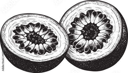 Halved Passion Fruit Showing Seeds in Black and White Woodcut St