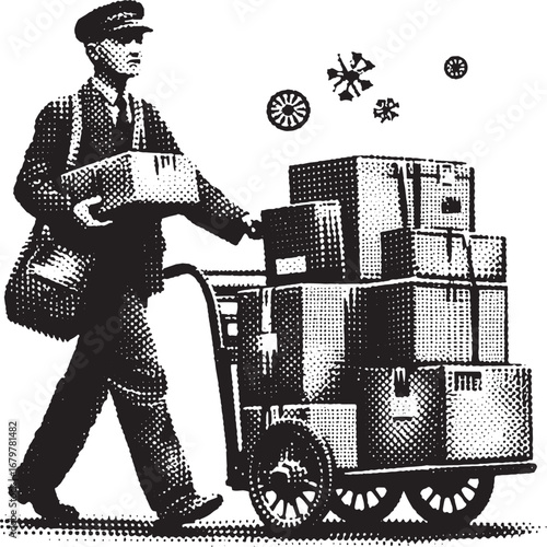 Vintage Black and White Illustration of a Mail Carrier Delivering Packages in Winter Weather