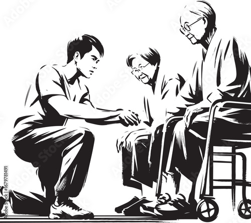 Generational empathy in sumi-e style, depicting support for seni