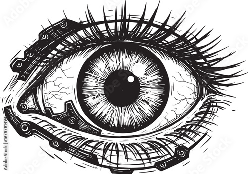 Cybernetic Eye: Detailed Woodcut Style Illustration of Futuristi