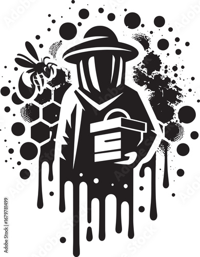 Illustration of a Beekeeper with a Beehive, Bee, and Honeycomb in Black and White Design