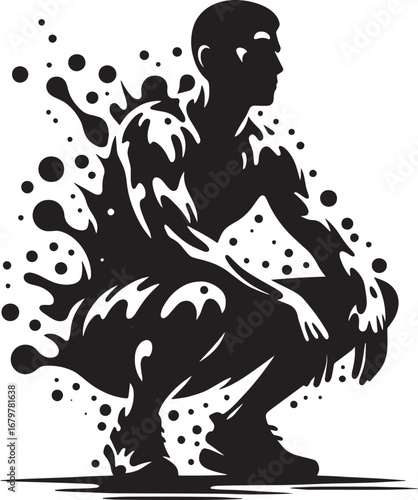 Artistic silhouette of a man squatting with abstract splash elements in black and white