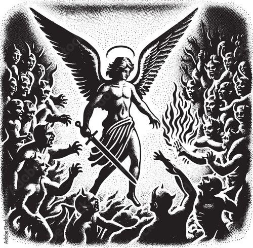 Intense Black and White Illustration of an Angel Confronting Demons in a Dramatic Scene