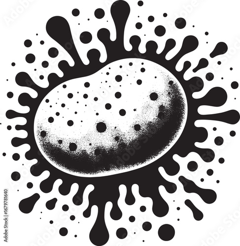 Black and White Artistic Illustration of a Potato with Splatter Effect for Design and Print