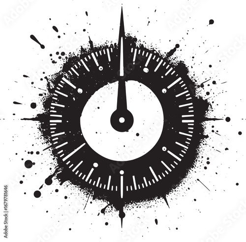Grunge-style clock face with spray paint effect, showcasing time and measurement visualization