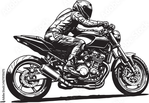 Detailed woodcut illustration of a motorcyclist on a black and w