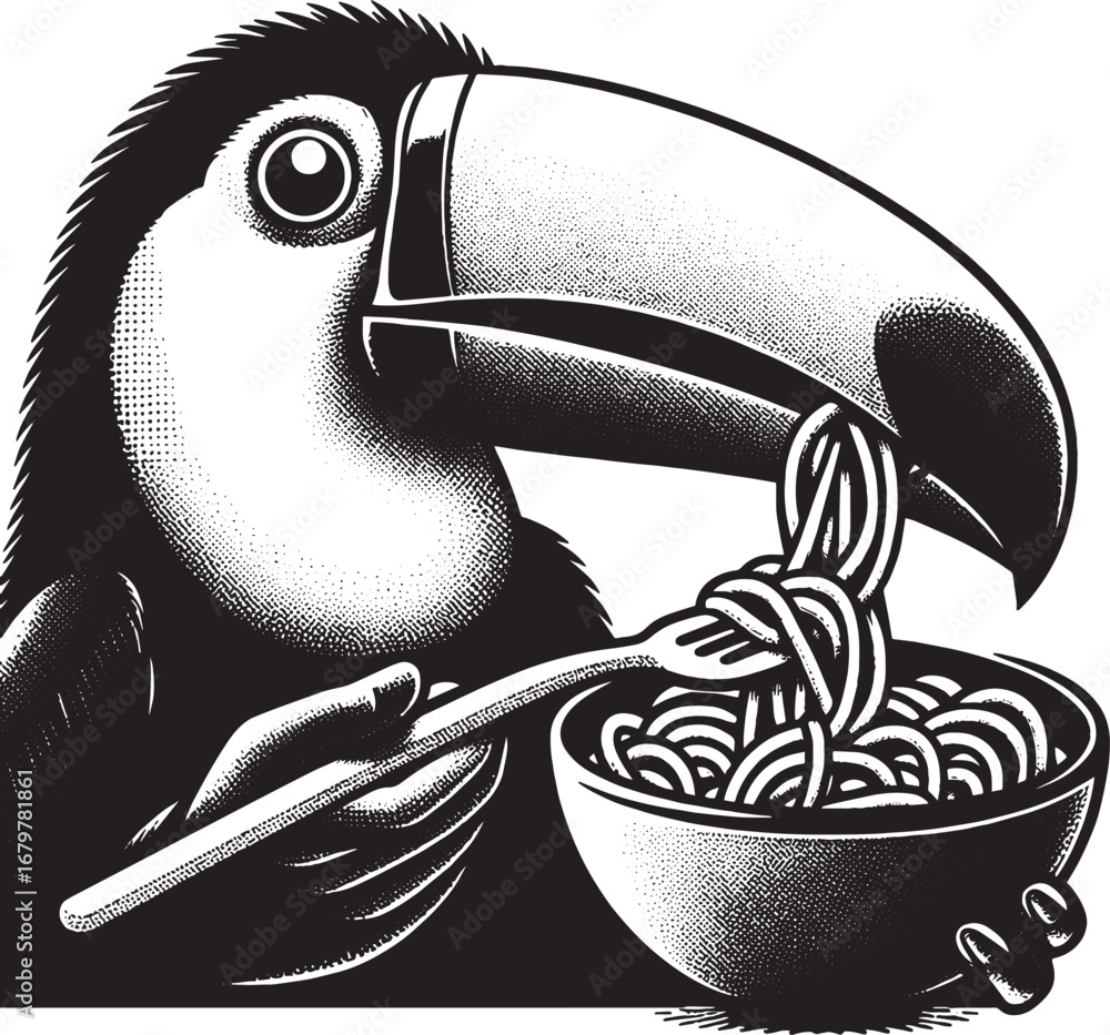 Naklejka premium A playful black and white illustration of a toucan enjoying a meal of spaghetti with a fork