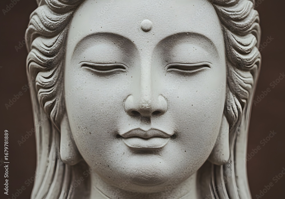 Obraz premium CloseUp Stone Statue of Buddha with Closed Eyes, Serene Expression, Religious Art.