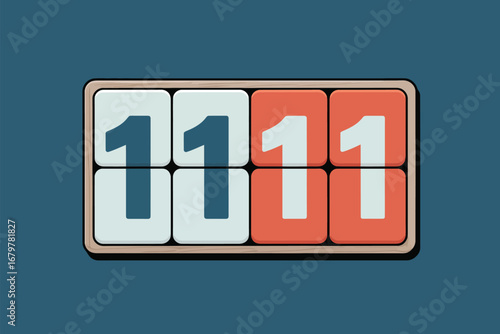 A close up of a rectangular display with the number eleven repeated four times in a wooden frame