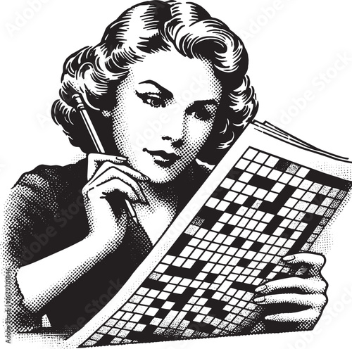 Vintage Illustration of a Woman Concentrating on a Crossword Puzzle with a Pencil
