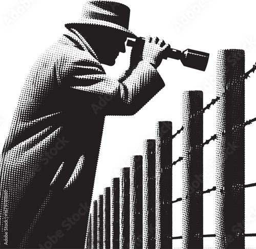 A mysterious man peering through binoculars at a barbed wire fence in silhouette