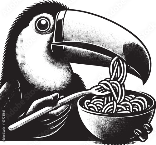 A playful black and white illustration of a toucan enjoying a meal of spaghetti with a fork