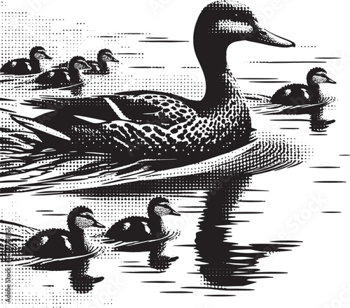 Illustration of a mother duck swimming with her ducklings in a serene water environment