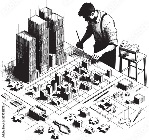 Architectural concept design with man assembling 3D puzzles, sum
