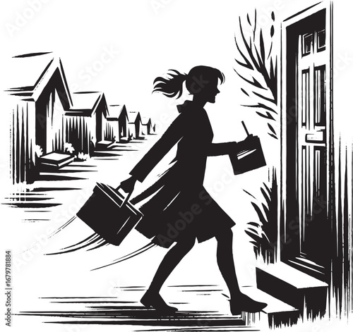 Woman conducts neighborhood survey in sumi-e style, community en