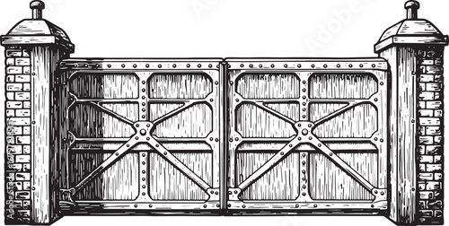 Detailed Factory Gate Woodcut: Monochrome Illustration of Indust