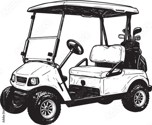 Stylized golf cart illustration with detailed woodcut shading, i