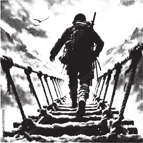 Silhouette of a person walking across a rope bridge in a mountainous landscape adventure