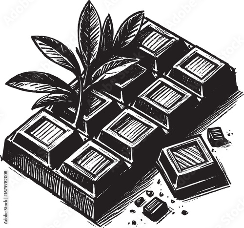 Artistic Black and White Illustration of a Chocolate Bar Decorated with Leaves