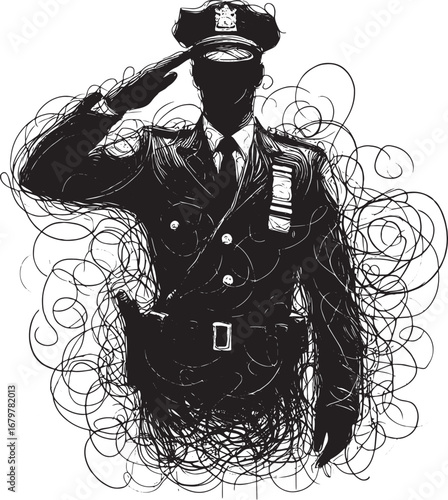 Silhouette of a Police Officer in Uniform Saluting, Artwork in Black and White Style