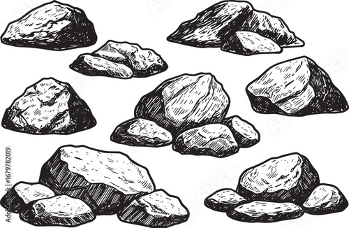 Collection of Rocks and Boulders Depicted in Woodcut Style Black
