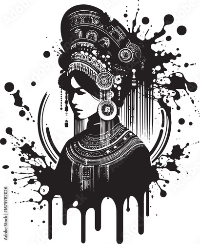 Elegant black and white illustration of a woman in traditional cultural attire with artistic