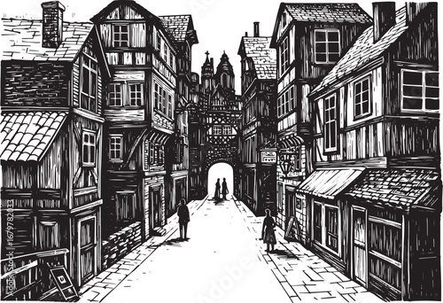 Detailed Woodcut Illustration of a Historic City District with P