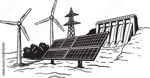 Sustainable Energy Landscape Illustration: Clean Power Generatio