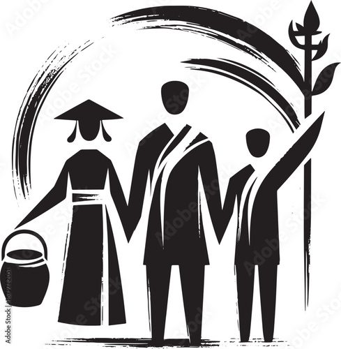 Minimalist sumi-e style icon depicting cultural group unity and