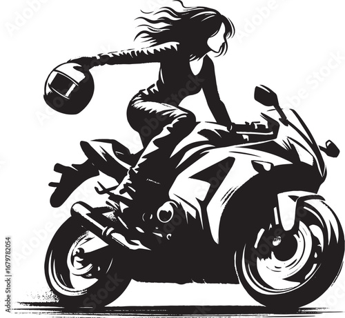 Monochromatic illustration of a woman preparing to ride a motorb
