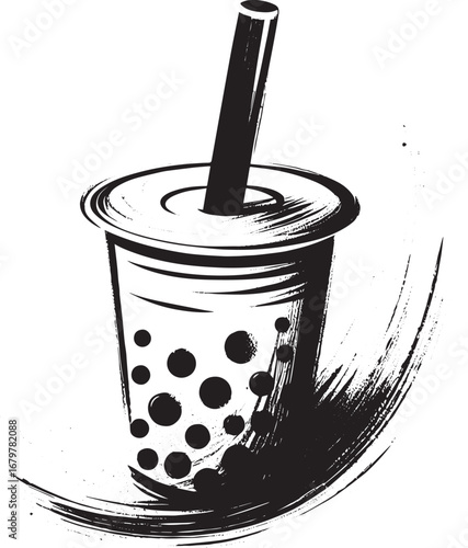 Minimalist sumi-e illustration of bubble tea with brush stroke a
