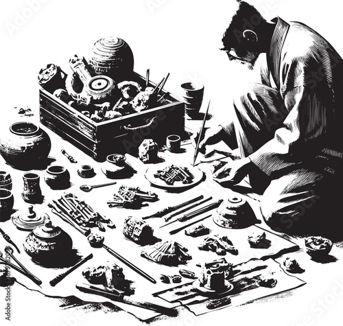 Artistic Sumi-e Illustration of an Archeologist Carefully Examin