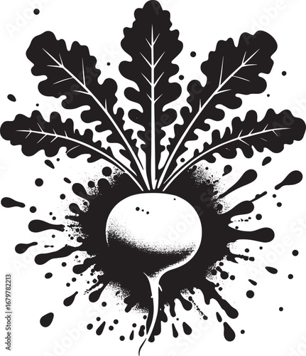 Artistic black and white illustration of a radish vegetable with leaves and ink splatter effect