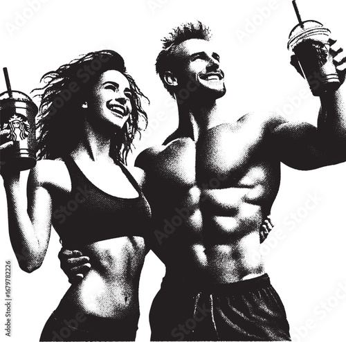 Happy fitness couple celebrates with drinks, showcasing healthy lifestyle and joyful partnership