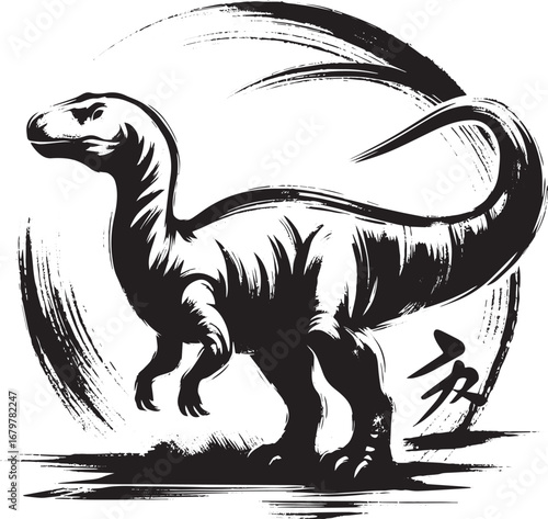 Sumi-e style Corythosaurus icon in minimalist design with expres