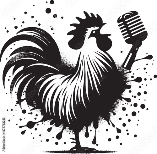 Black and white illustration of a rooster with a microphone, suitable for audio and voiceover