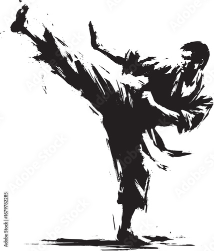 Dynamic Sumi-e Illustration of a Martial Artist Blocking a Power