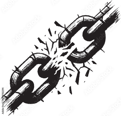 Conceptual illustration of a broken chain symbolizing freedom, breaking barriers, and strength