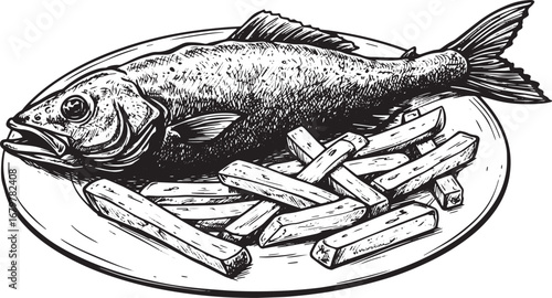 Monochrome Fish and Chips Illustration, Classic Culinary Dish in