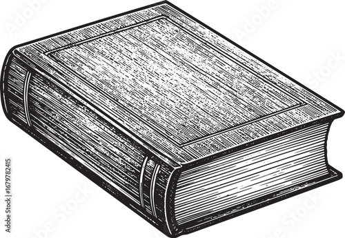 Monochrome depiction of a bound book showcasing a vintage engrav