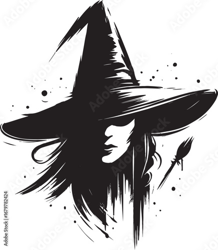Mysterious witch icon in black ink style, single line drawing si